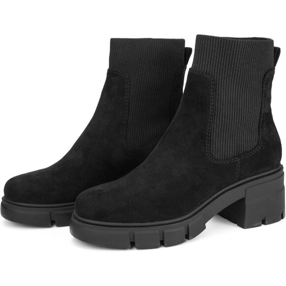 Women's Black Suede Elastic Chelsea Boots Chunky Block Heel Platform Ankle Boots - Picture 7 of 7